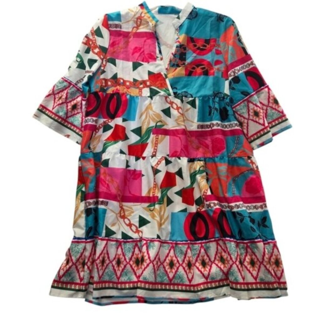 Boho Patchwork Multicolor Tiered Tunic Dress Large